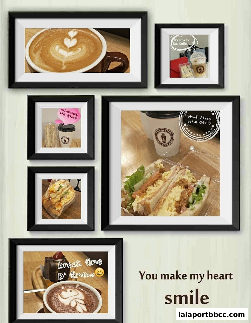 A collage of framed photos showcasing coffee, sandwiches, and desserts from Dee Coffee.