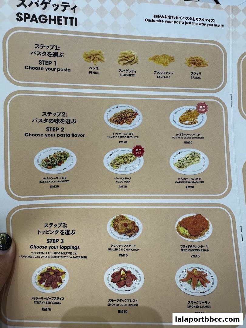A menu showing how to customize pasta with choices of pasta, flavor, and toppings.