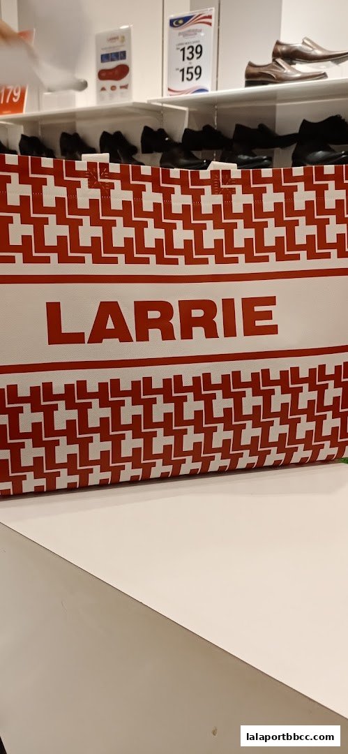 A shopping bag with the brand name LARRIE and a display of shoes in the background.