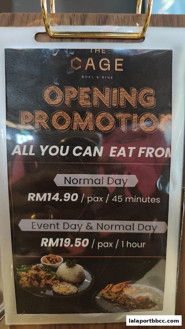 A promotional menu for 'The Cage - Duel & Dine' offering all-you-can-eat deals.