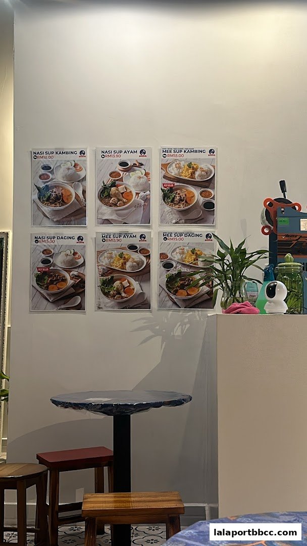 A wall display of six menu items with food images and prices.