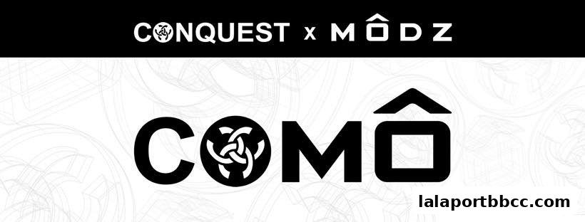 The image displays the brand name COMO with a stylized logo and a collaboration announcement.