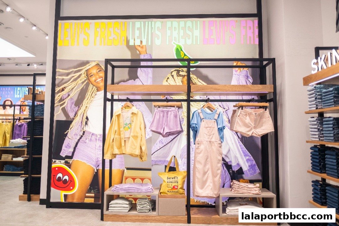 A Levi's store display featuring a model in denim, with clothing and accessories on shelves and racks.