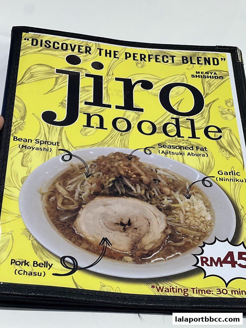A menu featuring a bowl of Jiro style ramen with pork belly and bean sprouts.