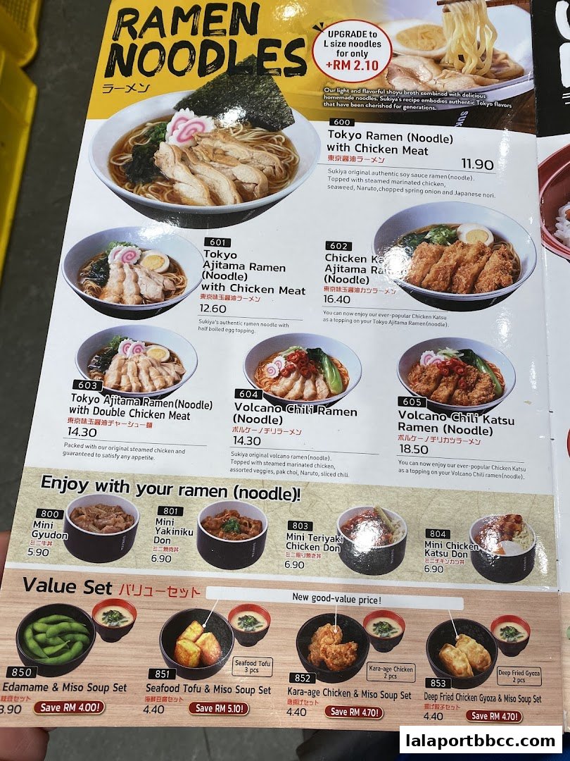 A menu showcasing various ramen bowls, donburi, and value sets with prices.