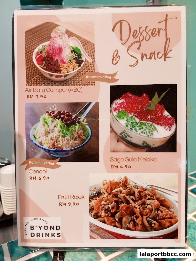 A menu featuring desserts and snacks with images and prices.