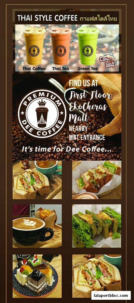 Collage of Thai coffee, tea, sandwiches, pastries, and cafe location information.