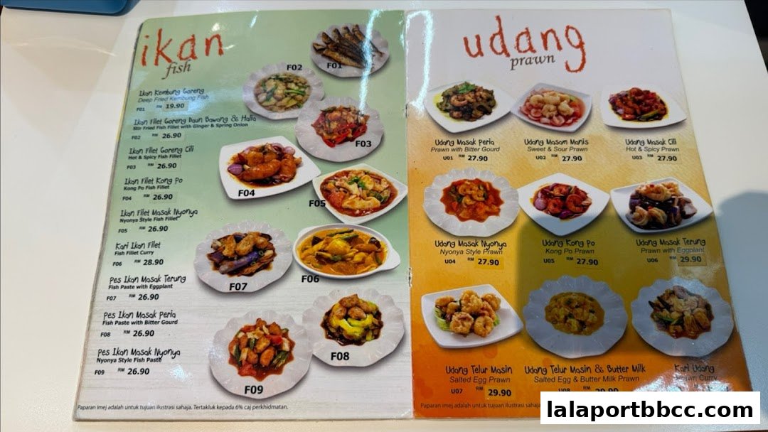A menu featuring various fish and prawn dishes with appetizing images and prices.