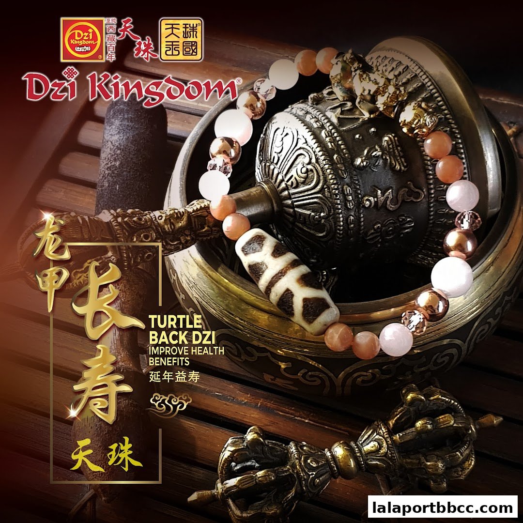 A Dzi bracelet with a turtle-back pattern, displayed with Tibetan ritual objects.