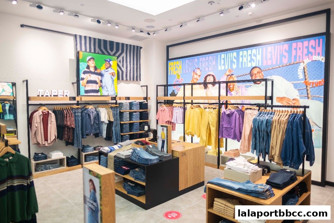 Interior view of a Levi's store showcasing a variety of denim jeans and apparel.