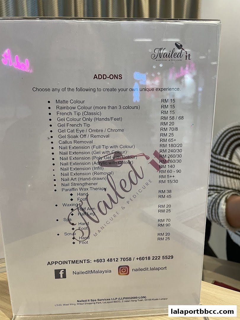 A menu for Nailed It Manicure & Pedicure, listing various add-on services and prices.