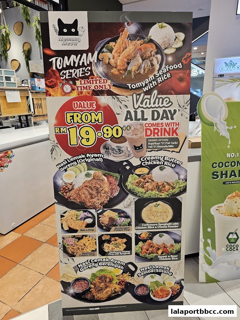 A promotional poster for Memang Meow featuring various Malaysian dishes and a Tomyam series.