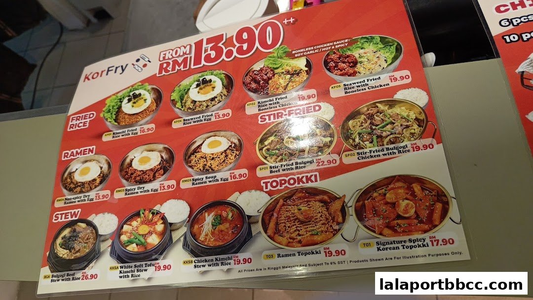 A menu from KorFry Lalaport BBCC KL featuring Korean fried rice, ramen, stew, and topokki dishes.