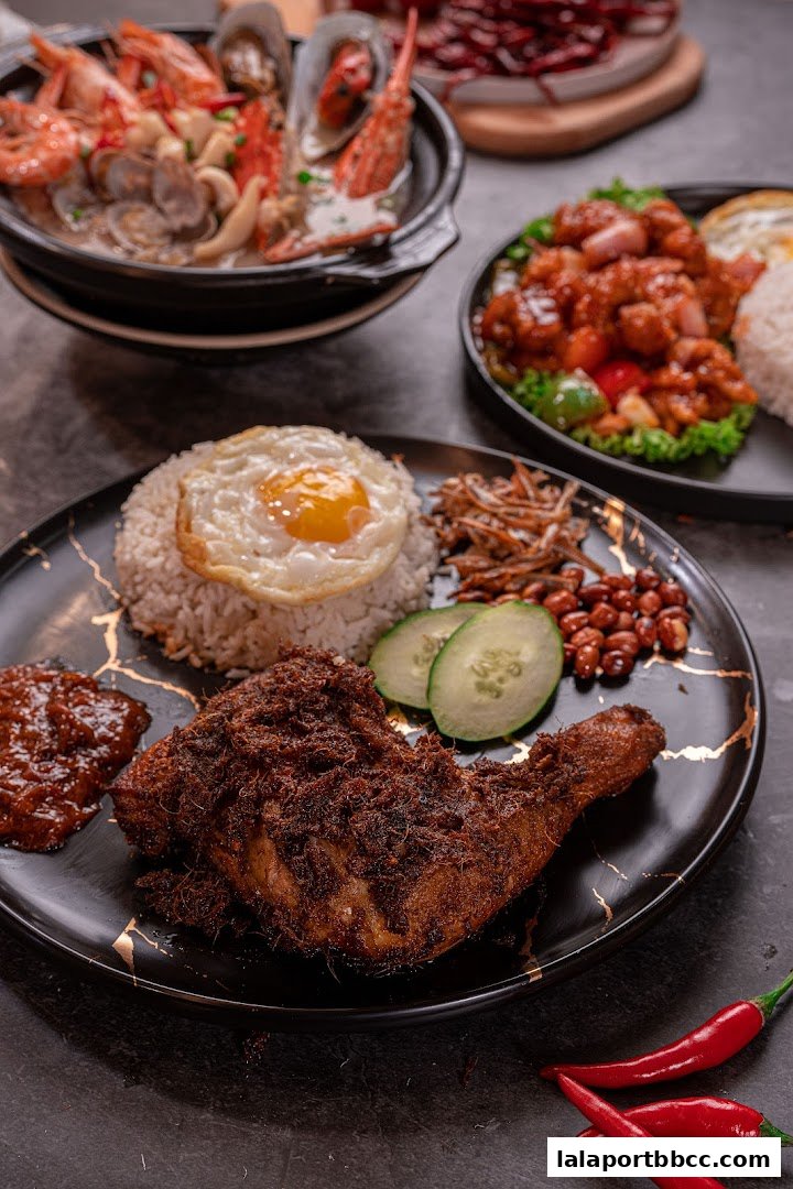 A close-up of a delicious meal featuring fried chicken, rice, and various accompaniments.