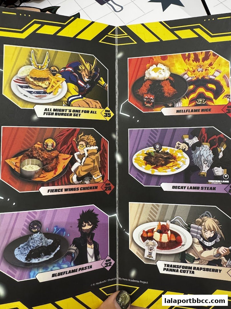 A menu featuring anime-themed food items with character illustrations.