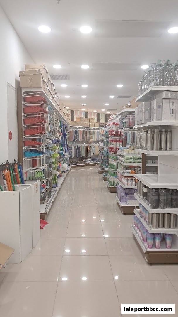 Interior view of a retail store with shelves stocked with household items and cleaning supplies.