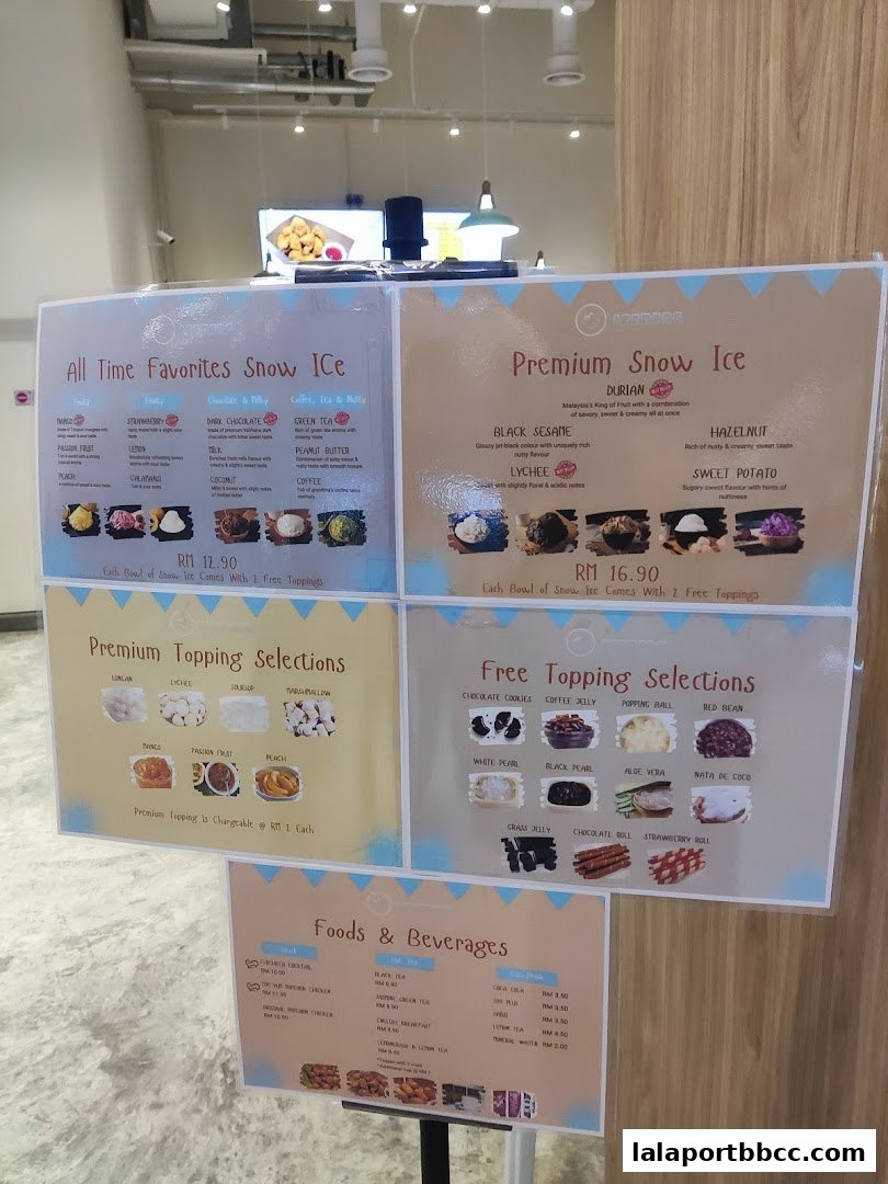 A menu board displaying various snow ice flavors, premium toppings, and beverages.