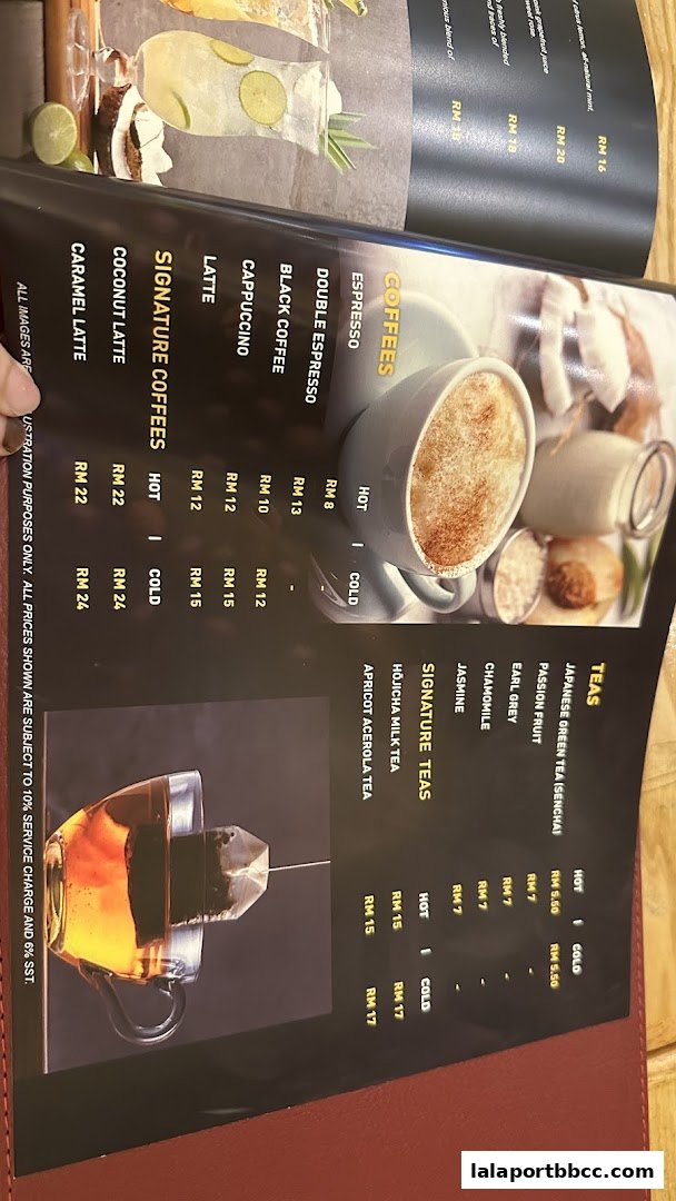 A menu featuring coffees and teas with prices and descriptions.