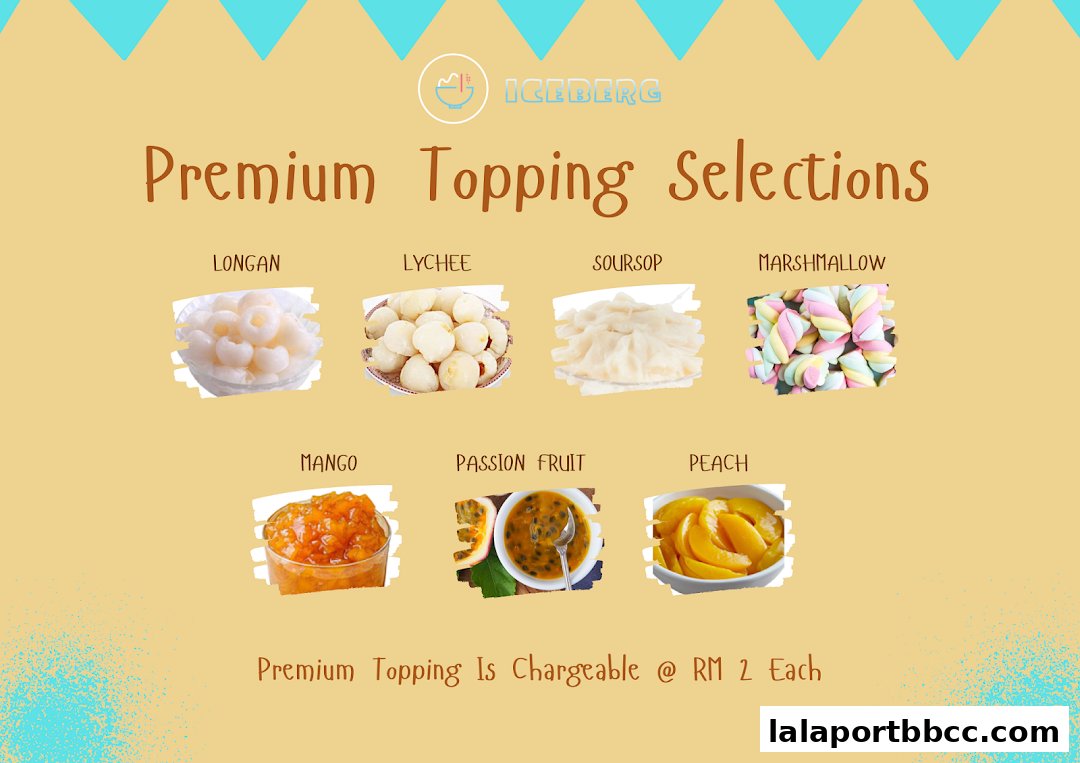 A display of premium fruit and marshmallow toppings offered at Iceberg LaLaport.