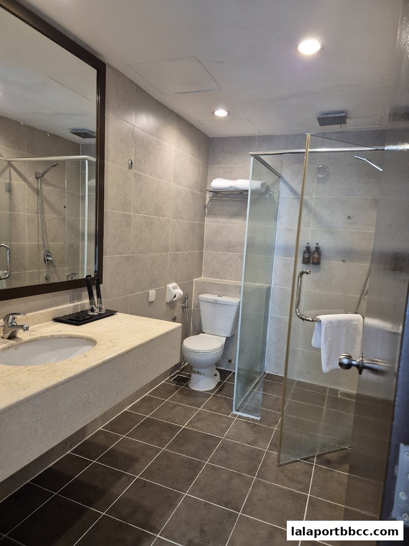 A modern hotel bathroom featuring a sink, toilet, and glass-enclosed shower.