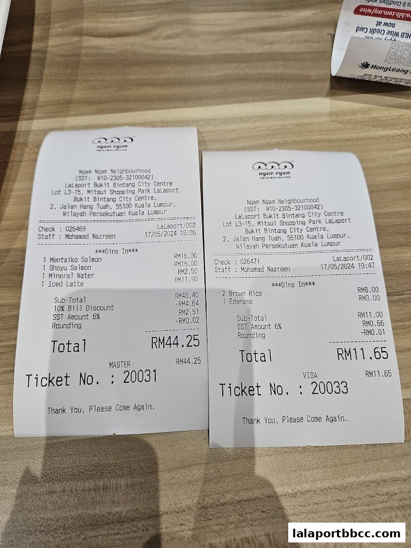 Two receipts from Ngam Ngam Neighbourhood restaurant at LaLaport Bukit Bintang City Centre.