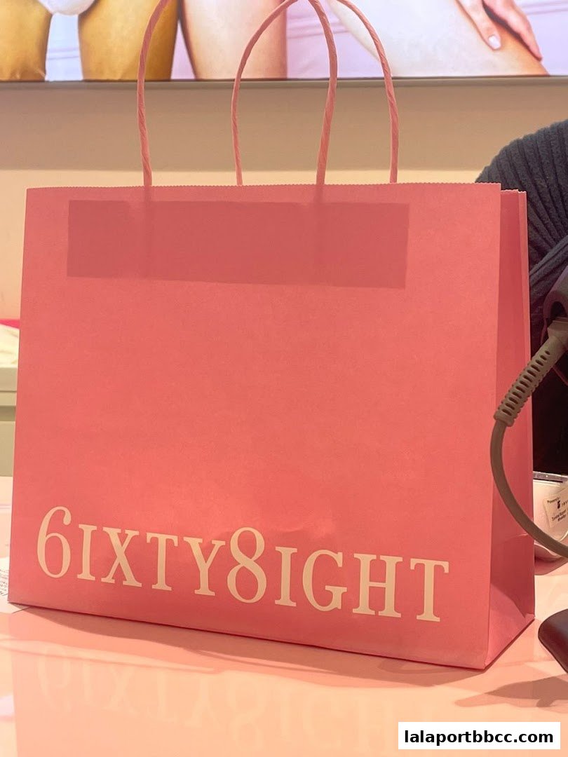 A pink shopping bag with the "6IXTY8IGHT" logo on a pink surface.