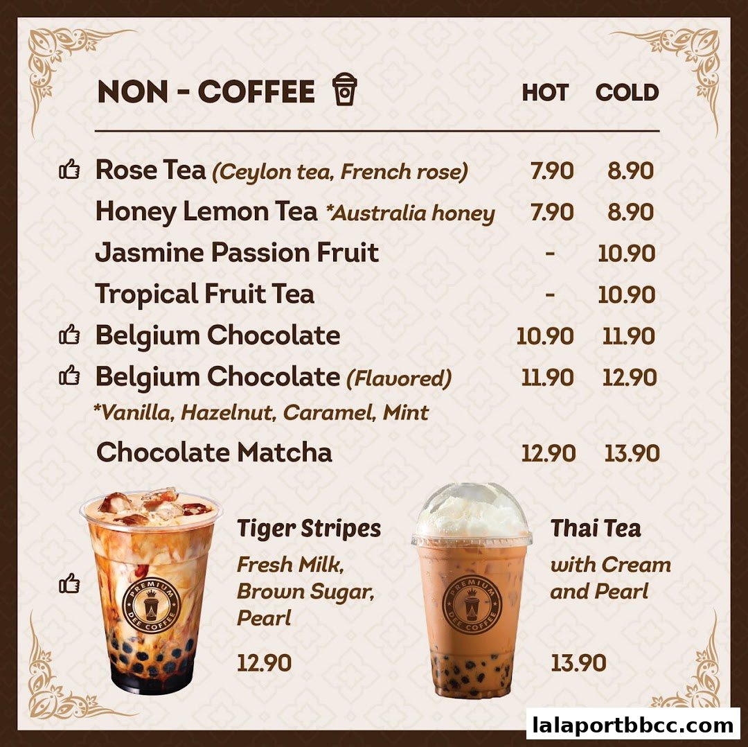A menu from Dee Coffee Malaysia featuring non-coffee drinks with prices and descriptions.