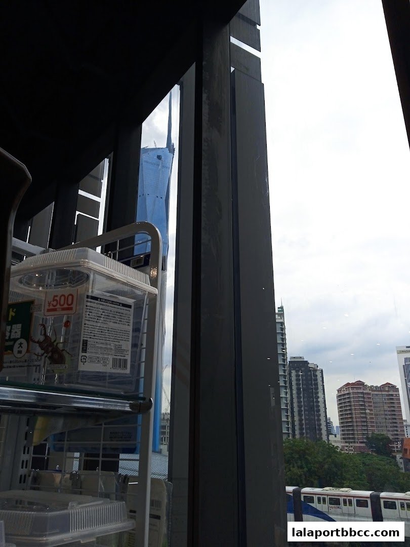 View from inside a shop showing a display case with a beetle and a city skyline with a train.