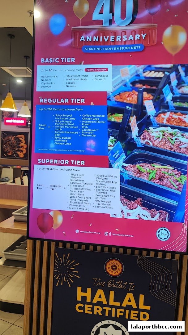 A menu board for Seoul Garden showcasing their 40th Anniversary promotion with different tiers of food choices.