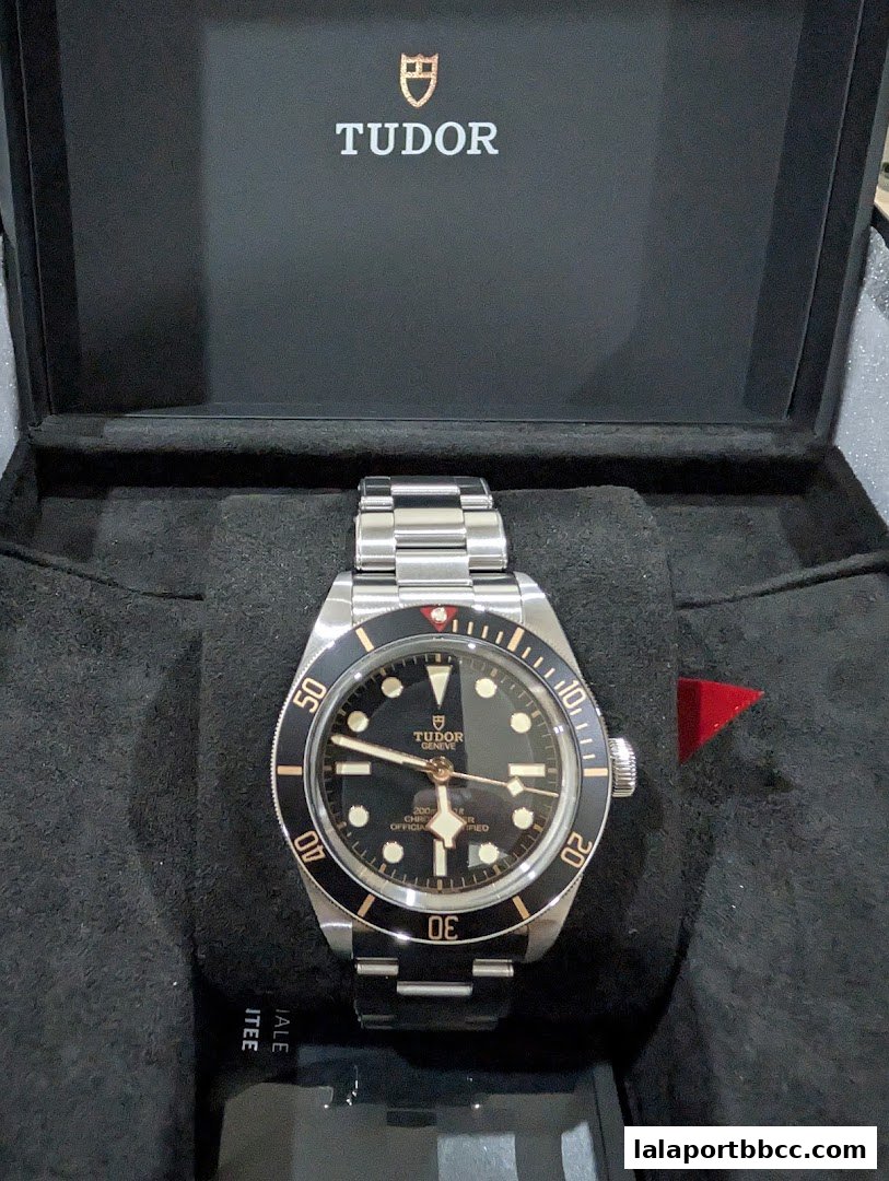 A Tudor Black Bay watch displayed in its presentation box.