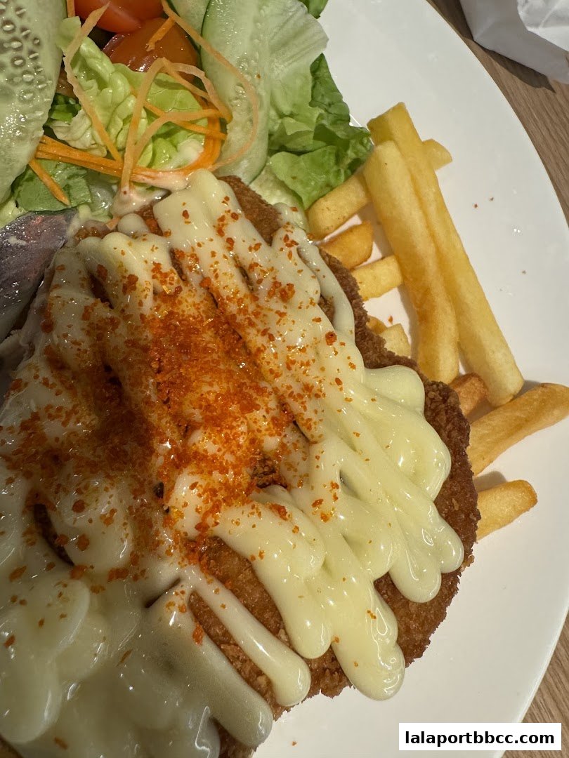 A close-up of a crispy chicken dish with fries and a side salad.