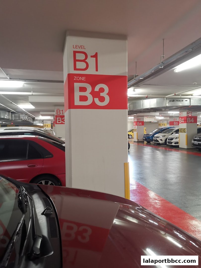 Parking lot with signs indicating Level B1 and Zone B3, and several cars parked.