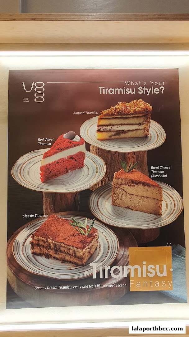 A poster showcasing four different styles of tiramisu from V8 Cafe and Bar.