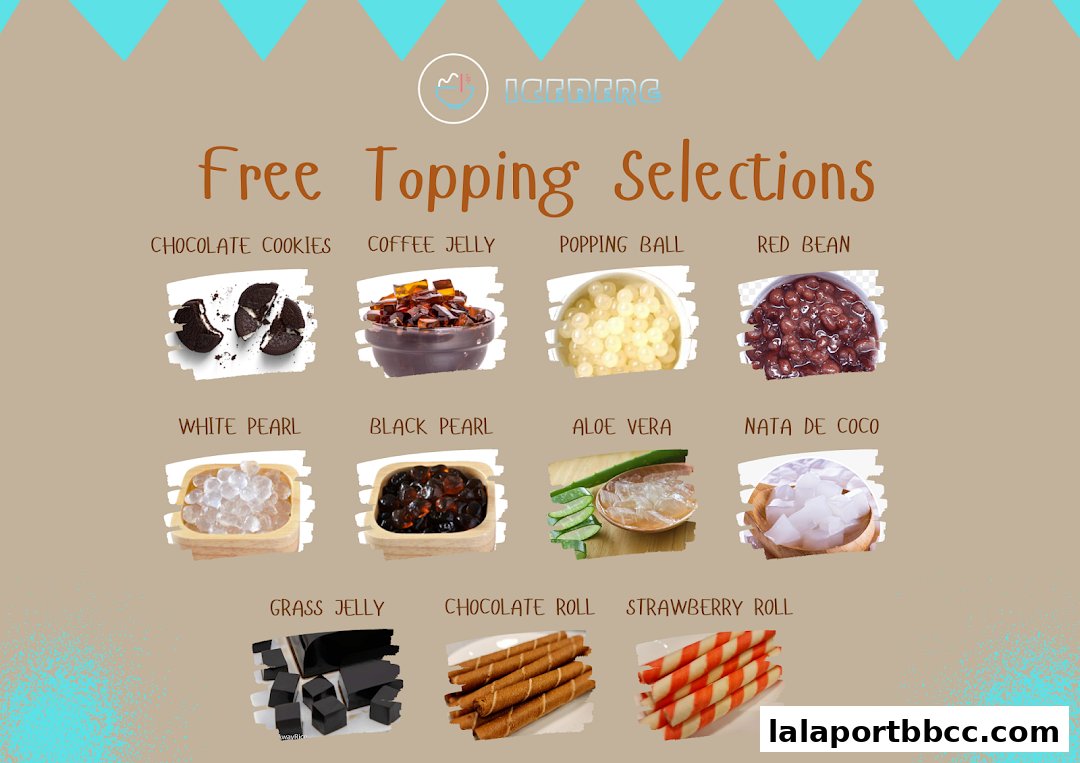 A display of various free topping selections offered at Iceberg LaLaport.