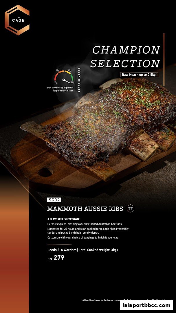A large rack of slow-cooked Mammoth Aussie Ribs with a protein meter and description.