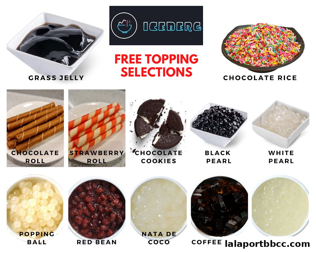 A collage of various dessert toppings offered by Iceberg.