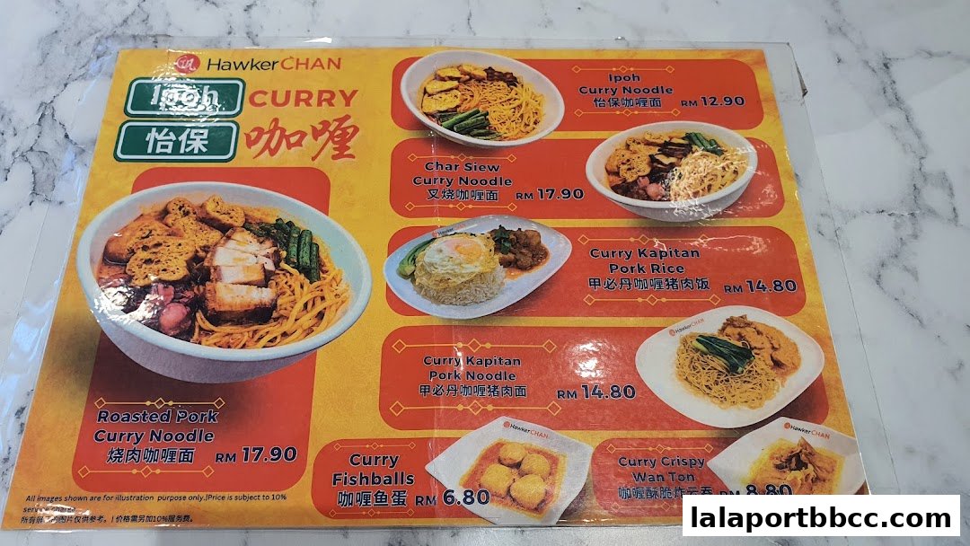 A menu from Hawker Chan LaLaport BBCC showcasing various curry noodle and rice dishes.