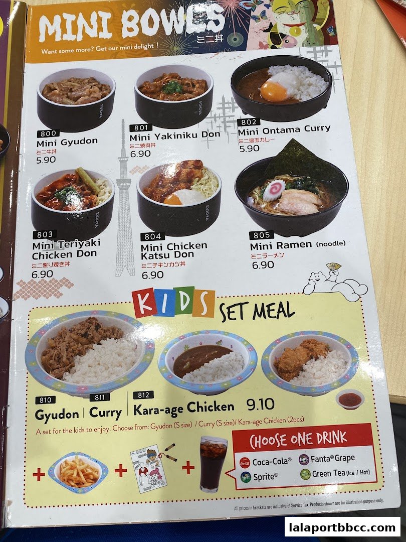 A menu featuring mini bowls of Japanese rice dishes and a kids' set meal.