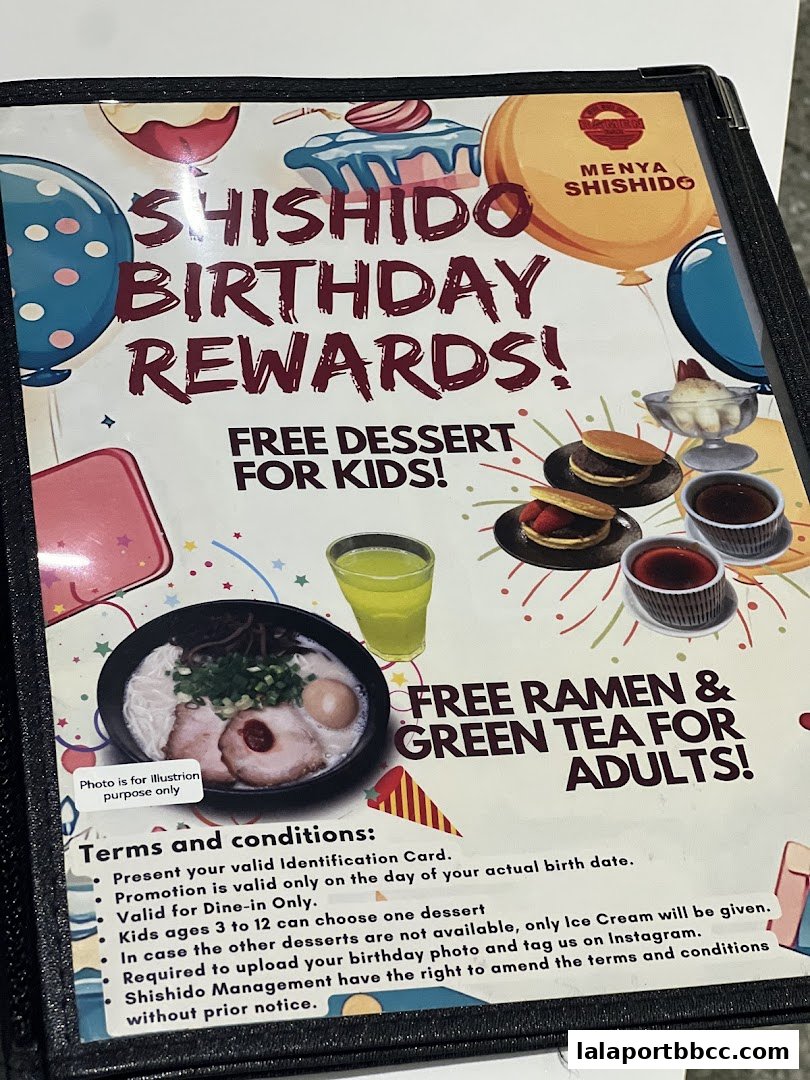 A promotional flyer for Shishido's Birthday Rewards, offering free ramen and green tea for adults and free dessert for kids.