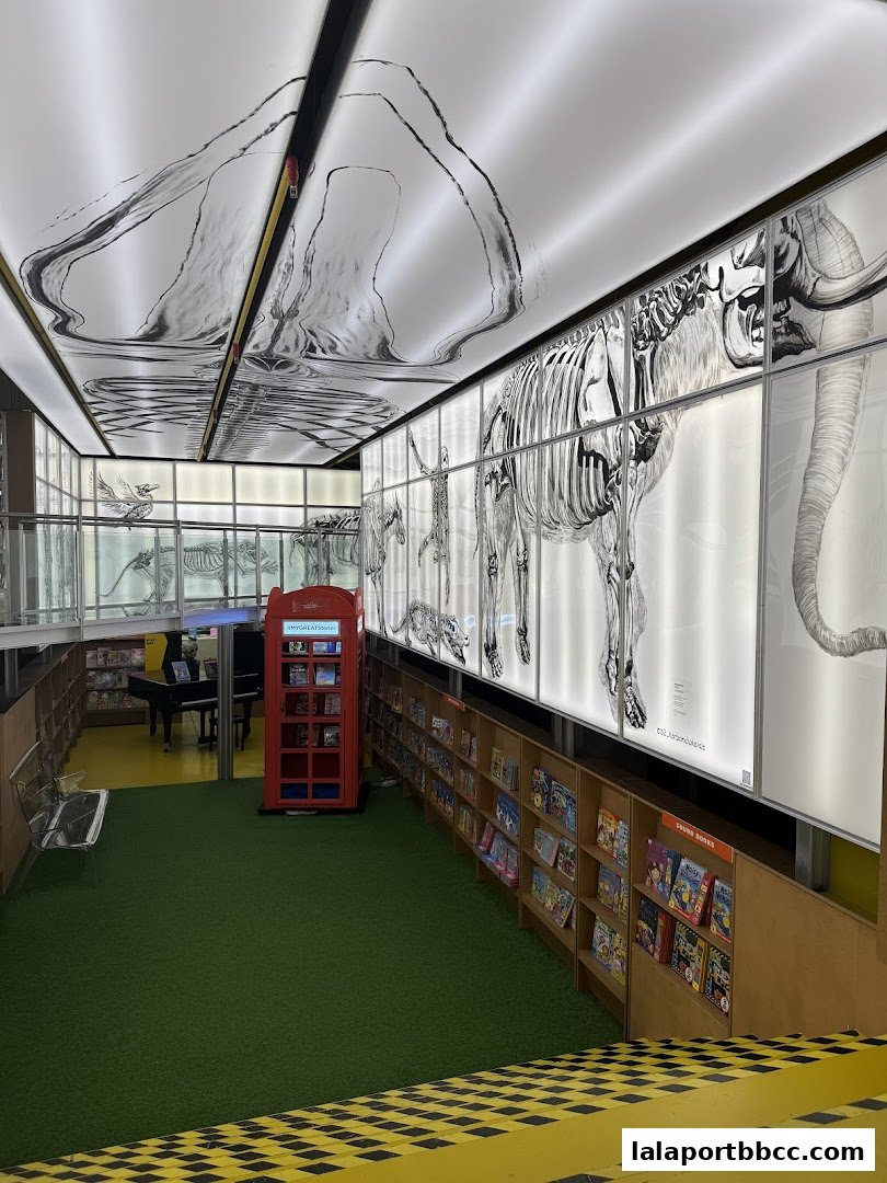 Interior of a bookstore with bookshelves, a red phone booth, and anatomical drawings on the ceiling.