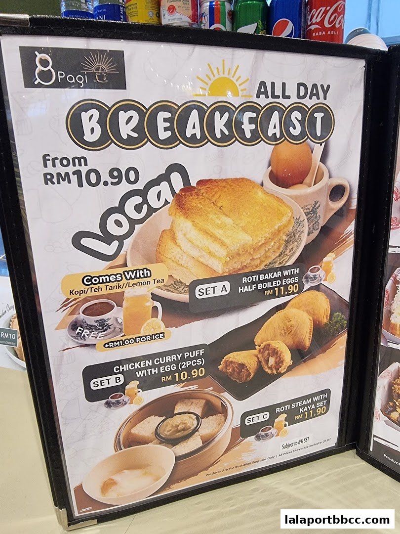 A menu board displaying 'All Day Breakfast' options with prices and images.