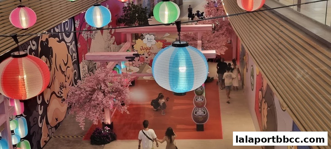 A vibrant Japanese-themed streetscape with colorful lanterns and cherry blossom trees.