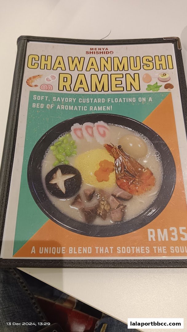 A menu item for Chawanmushi Ramen from Menya Shishido, featuring a bowl of ramen with various toppings.