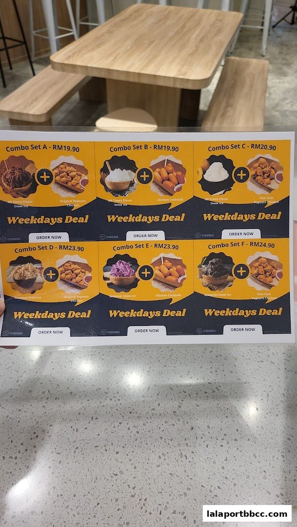 A menu showcasing various combo meal deals with snow ice and chicken cocktails.