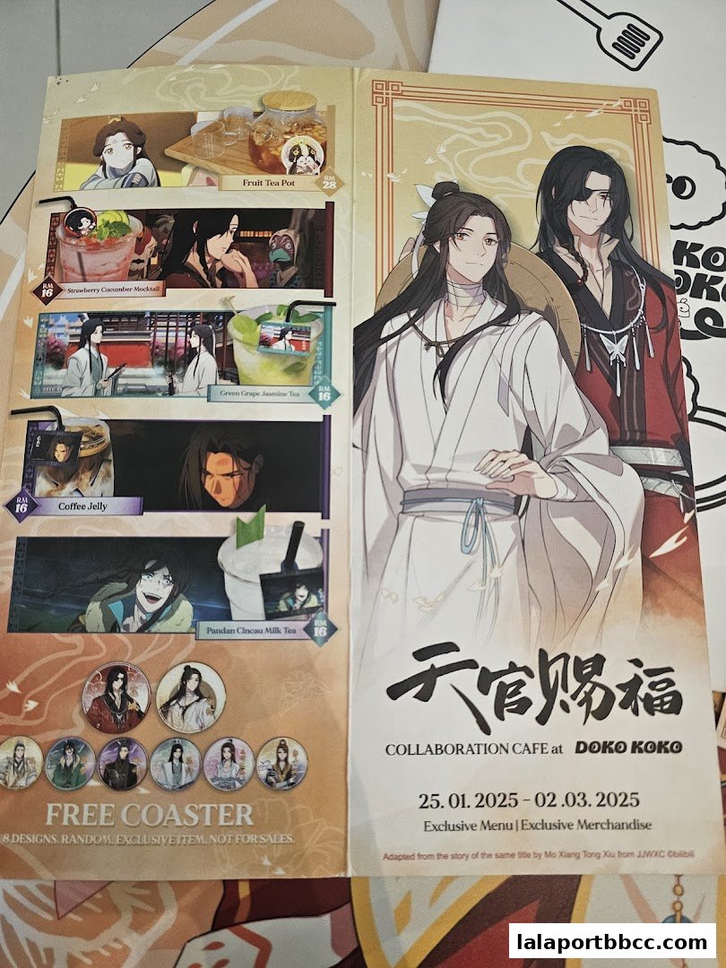 A menu featuring anime-style characters and various drinks and desserts.