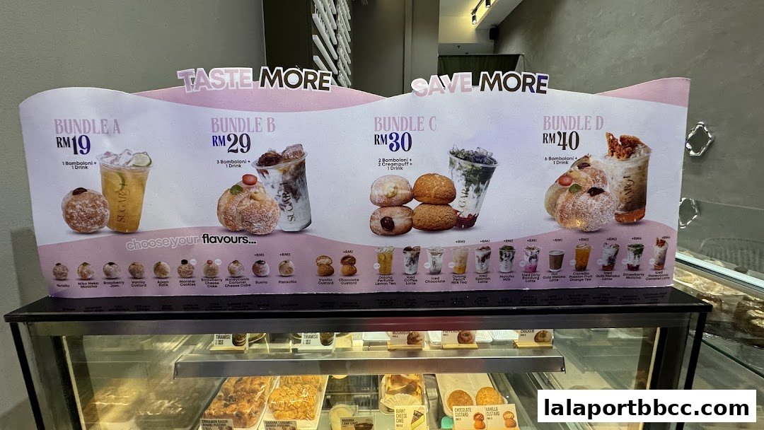 A display of dessert bundles with drinks and bombiloni flavors.