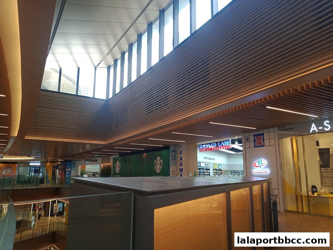 Interior view of a shopping mall with various shops including Health Lane Family Pharmacy.