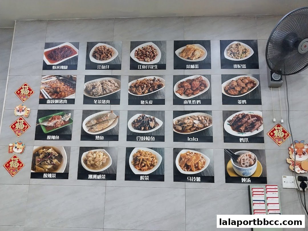 A wall display of various Teochew dishes with images and Chinese text.