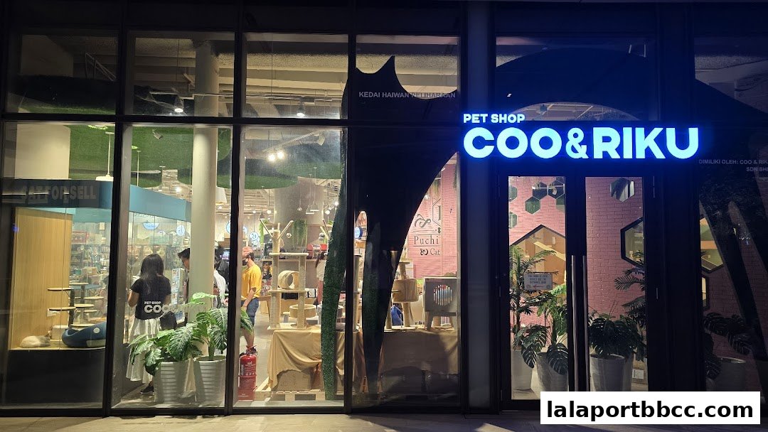 The brightly lit storefront of a pet shop named COO&RIKU, showcasing pet supplies and a cat.