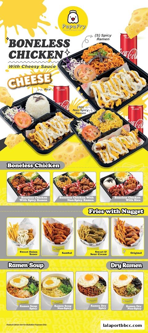 A vibrant menu showcasing PapaFry's boneless chicken, fries with nuggets, and ramen dishes.
